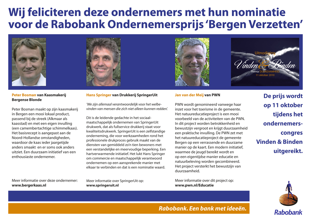 SpringerUit genomineerd voor de Rabobank Ondernemersprijs ’Bergen Verzetten’